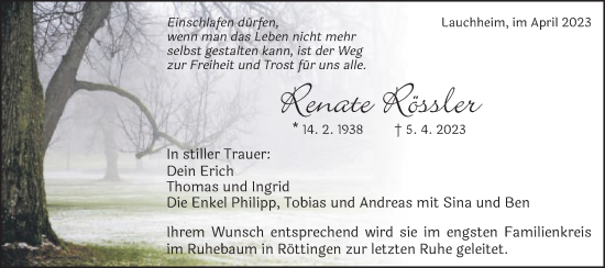 Traueranzeige von Renate Rössler von Schwäbische Post