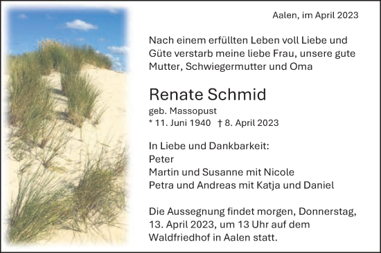 Traueranzeige von Renate Schmid von Schwäbische Post