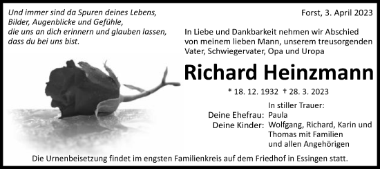 Traueranzeige von Richard Heinzmann von Schwäbische Post