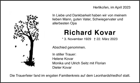 Traueranzeige von Richard Kovar von Gmünder Tagespost