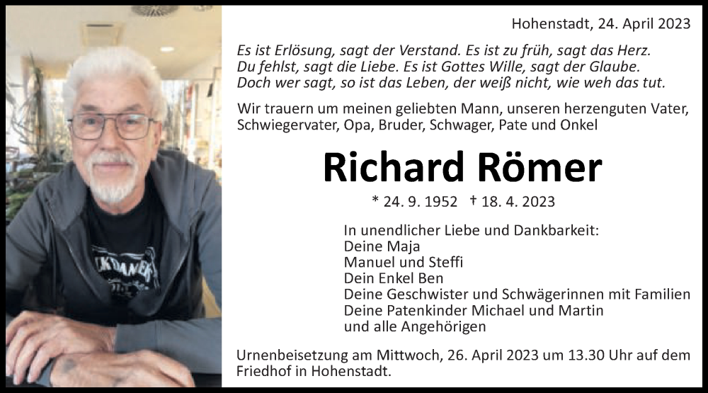  Traueranzeige für Richard Römer vom 24.04.2023 aus Schwäbische Post