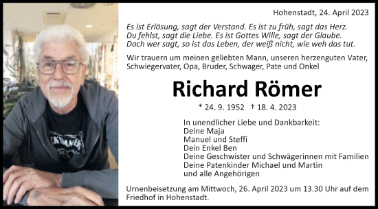 Traueranzeige von Richard Römer von Schwäbische Post