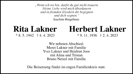 Traueranzeige von Rita und Herbert Lakner von Gmünder Tagespost