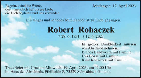 Traueranzeige von Robert Rohaczek von Gmünder Tagespost