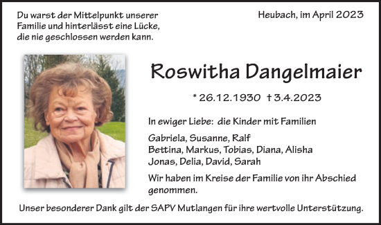 Traueranzeige von Roswitha Dangelmaier von Gmünder Tagespost