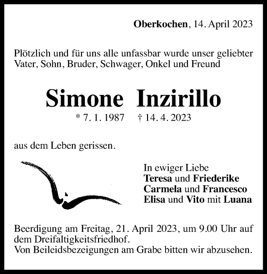 Traueranzeige von Simone Inzirillo von Schwäbische Post