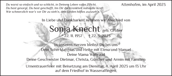 Traueranzeige von Sonja Knecht von Schwäbische Post