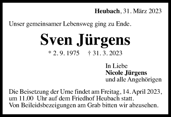 Traueranzeige von Sven Jürgens von Gmünder Tagespost