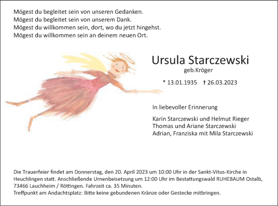 Traueranzeige von Ursula Starczewski von Schwäbische Post