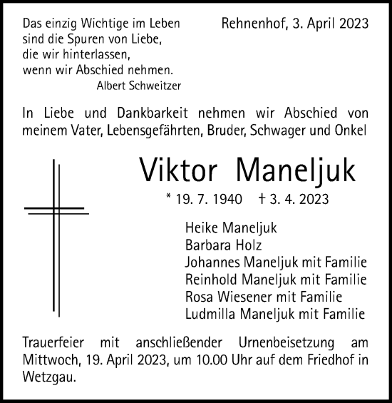 Traueranzeige von Viktor Maneljuk von Gmünder Tagespost