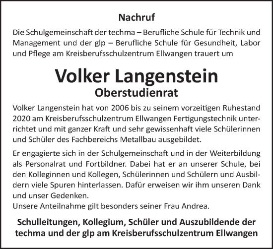 Traueranzeige von Volker Langenstein von Schwäbische Post