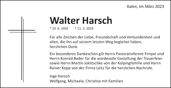 Traueranzeige von Walter Harsch von Schwäbische Post