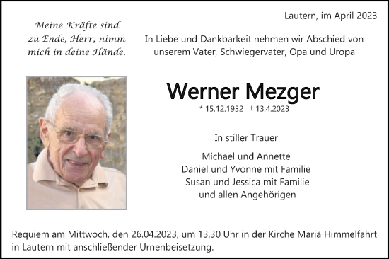 Traueranzeige von Werner Mezger von Gmünder Tagespost