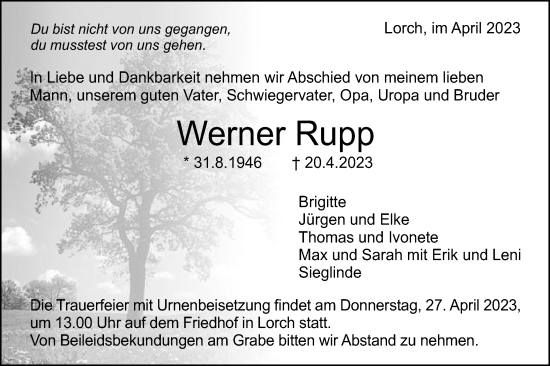 Traueranzeige von Werner Rupp von Gmünder Tagespost