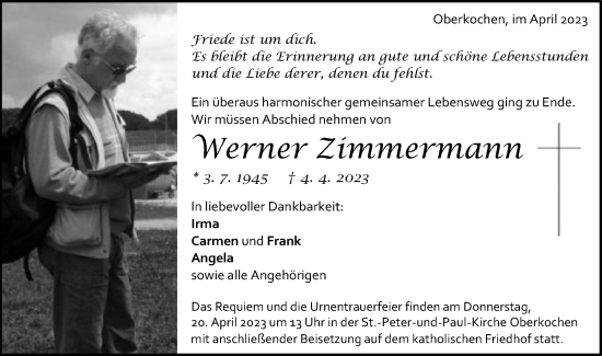 Traueranzeige von Werner Zimmermann von Schwäbische Post