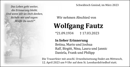 Traueranzeige von Wolfgang Fautz von Gmünder Tagespost