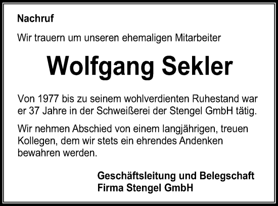 Traueranzeige von Wolfgang Sekler von Schwäbische Post