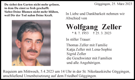 Traueranzeige von Wolfgang Zeller von Gmünder Tagespost