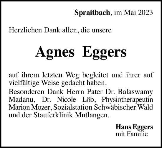 Traueranzeige von Agnes Eggers von Gmünder Tagespost