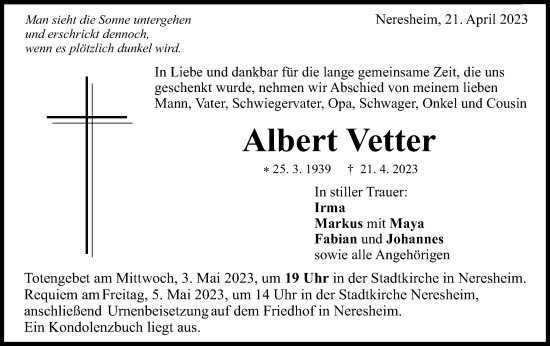 Traueranzeige von Albert Vetter von Schwäbische Post