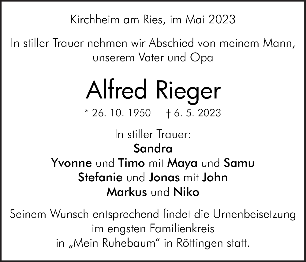 Traueranzeige für Alfred Rieger vom 11.05.2023 aus Schwäbische Post