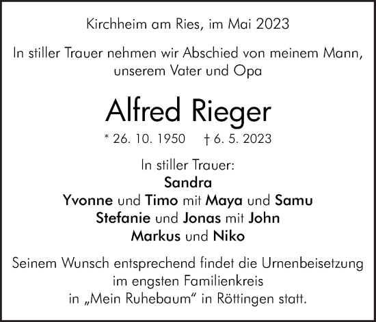 Traueranzeige von Alfred Rieger von Schwäbische Post