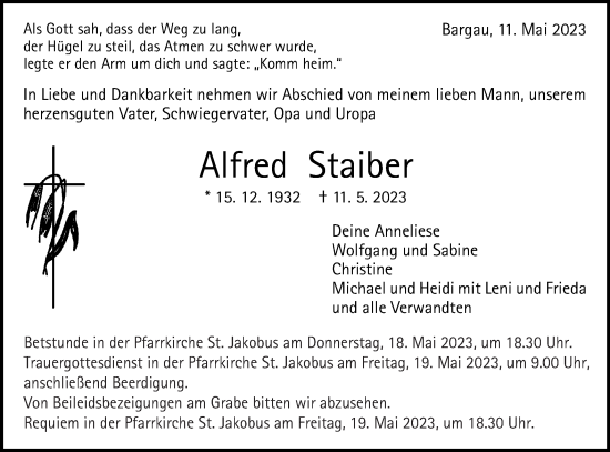 Traueranzeige von Alfred Staiber von Gmünder Tagespost