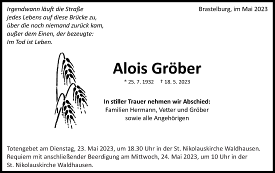 Traueranzeige von Alois Gröber von Schwäbische Post