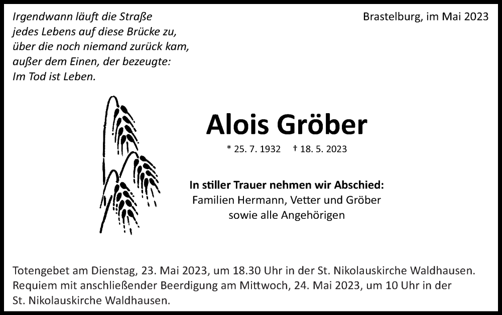  Traueranzeige für Alois Gröber vom 20.05.2023 aus Schwäbische Post