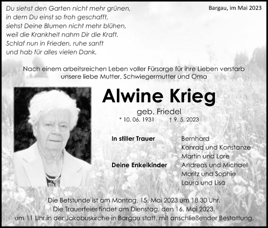 Traueranzeige von Alwine Krieg von Gmünder Tagespost