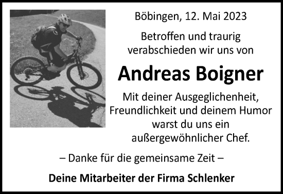 Traueranzeige von Andreas Boigner von Gmünder Tagespost