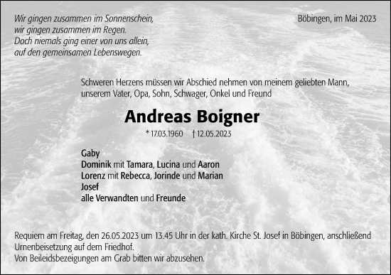 Traueranzeige von Andreas Boigner von Gmünder Tagespost