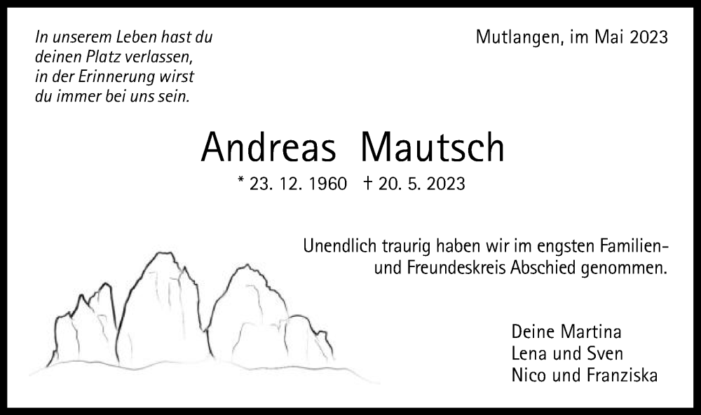  Traueranzeige für Andreas Mautsch vom 31.05.2023 aus Gmünder Tagespost