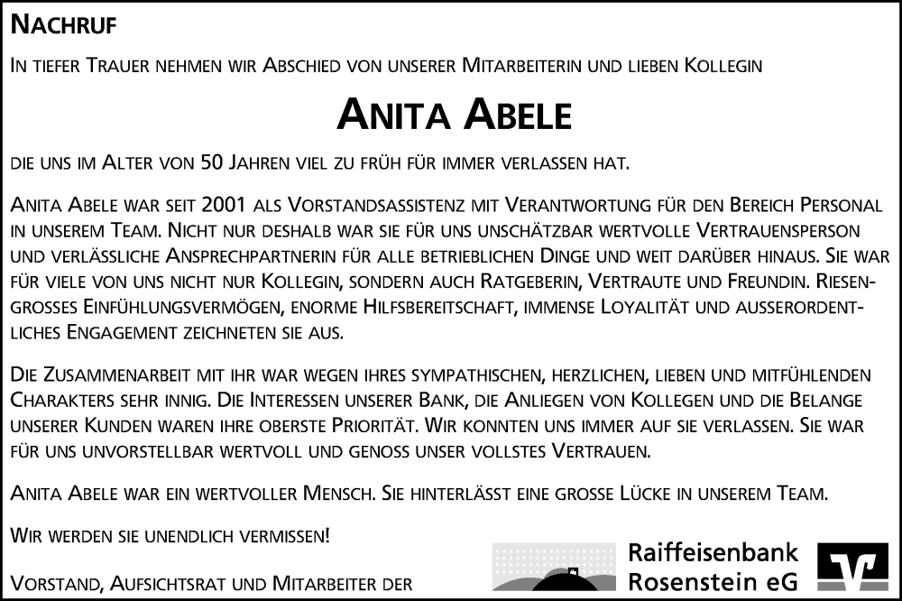  Traueranzeige für Anita Abele vom 03.05.2023 aus Gmünder Tagespost
