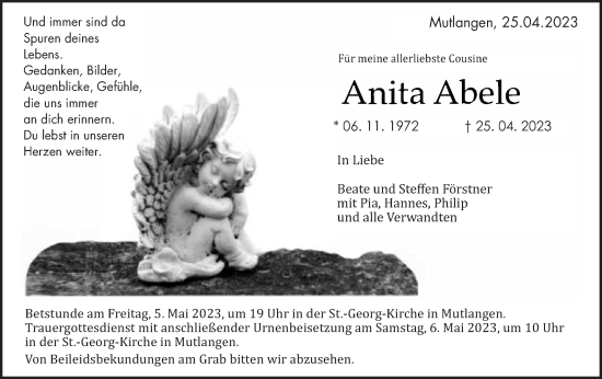 Traueranzeige von Anita Abele von Gmünder Tagespost