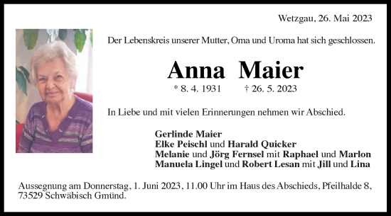 Traueranzeige von Anna Maier von Gmünder Tagespost