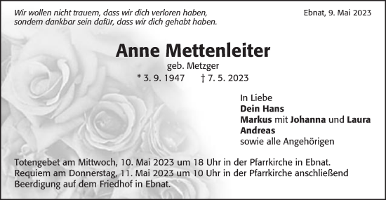 Traueranzeige von Anne Mettenleiter von Schwäbische Post