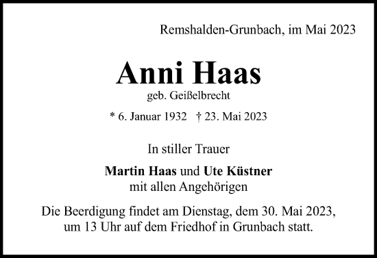 Traueranzeige von Anni Haas von Schwäbische Post