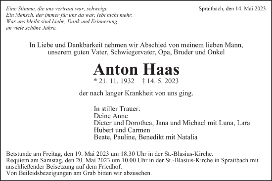 Traueranzeige von Anton Haas von Gmünder Tagespost