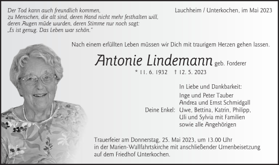 Traueranzeige von Antonie Lindemann von Schwäbische Post