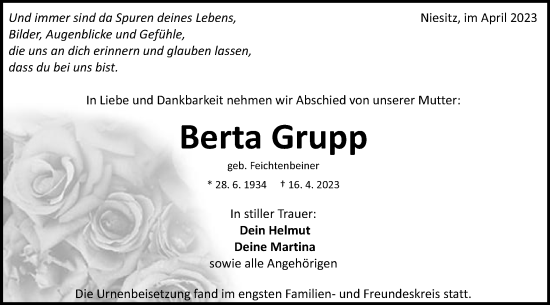 Traueranzeige von Berta Grupp von Schwäbische Post