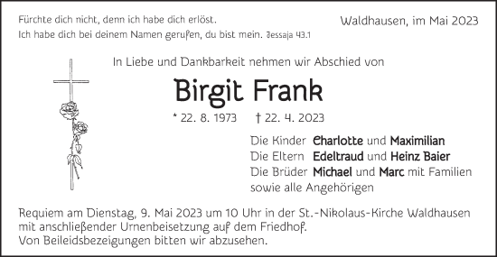 Traueranzeige von Birgit Frank von Schwäbische Post