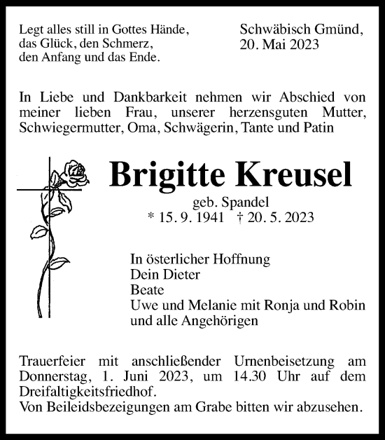 Traueranzeige von Brigitte Kreusel von Gmünder Tagespost