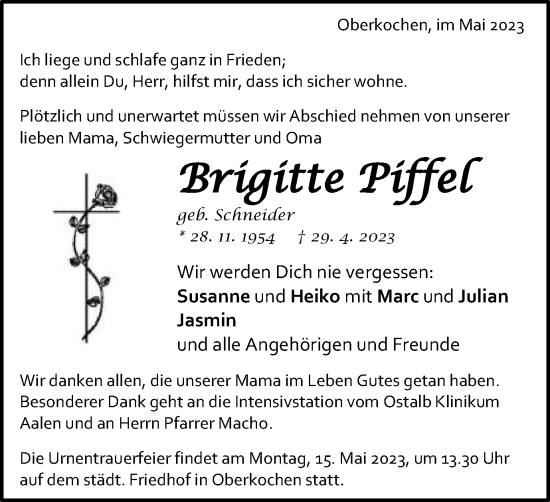 Traueranzeige von Brigitte Piffel von Schwäbische Post