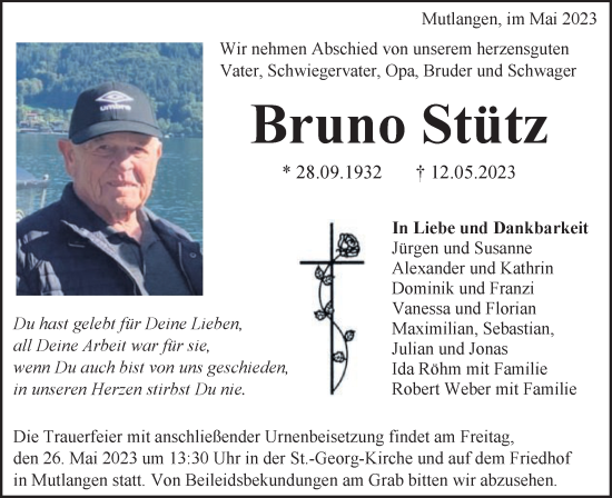 Traueranzeige von Bruno Stütz von Gmünder Tagespost