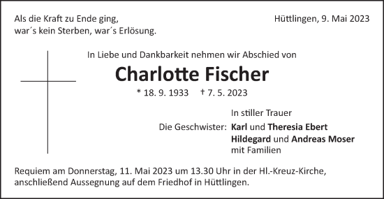 Traueranzeige von Charlotte Fischer von Schwäbische Post