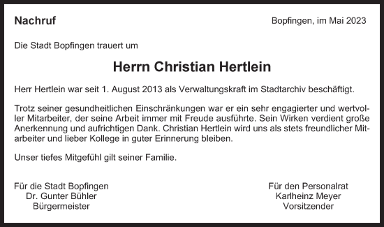 Traueranzeige von Christian Hertlein von Bopfinger Stadtanzeiger