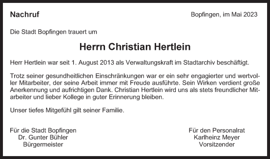 Traueranzeige von Christian Hertlein von Schwäbische Post