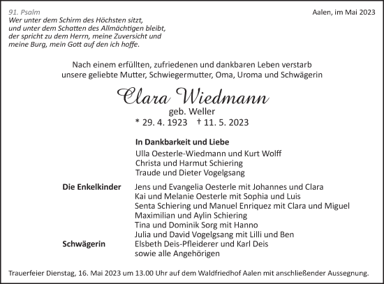 Traueranzeige von Clara Wiedmann von Schwäbische Post