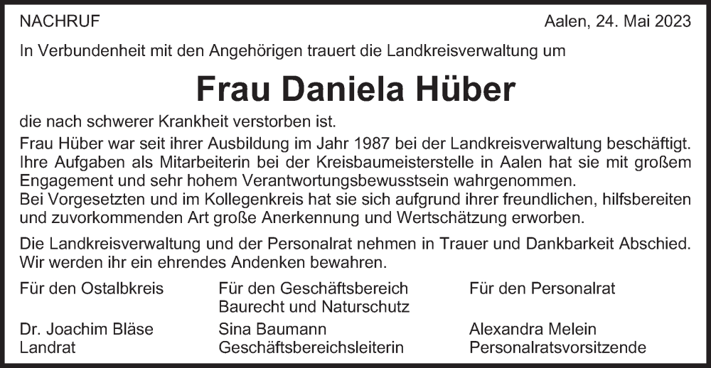  Traueranzeige für Daniela Hüber vom 24.05.2023 aus Schwäbische Post